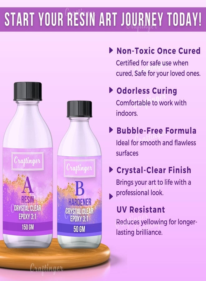 Craftinger راتنج إيبوكسي شفاف كريستالي متعدد الاستخدامات من كرافتينجر، 200 غرام، للأعمال الفنية والحرفية | غير سام | خالٍ من الفقاعات | مقاوم للأشعة فوق البنفسجية | لمسة نهائية لامعة | مثالي للمجوهرات، وقواعد الأكواب، والصواني، وغيرها - Image 2